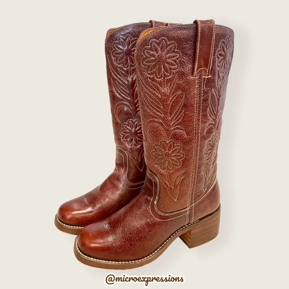 RARE 1960s Frye Vintage Embroider Brown Campus Western Cowboy Floral Stitch Boot